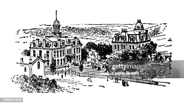 antique illustration of usa, west virginia landmarks and companies: morgantown, west virginia university - morgantown west virginia stock illustrations
