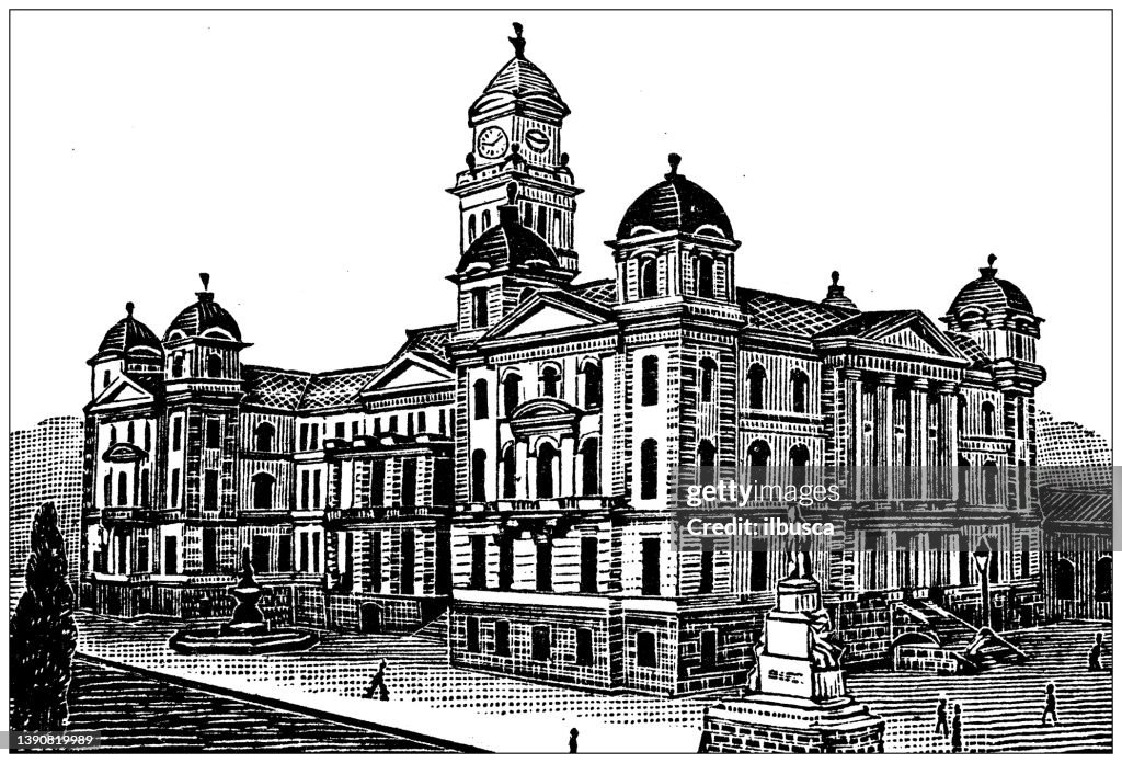 Antique illustration of USA, West Virginia landmarks and companies: Wheeling, City Buildings