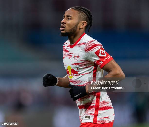 Christopher Nkunku of RB Leipzig in action during the Bundesliga match between RB Leipzig and TSG Hoffenheim at Red Bull Arena on April 10, 2022 in...