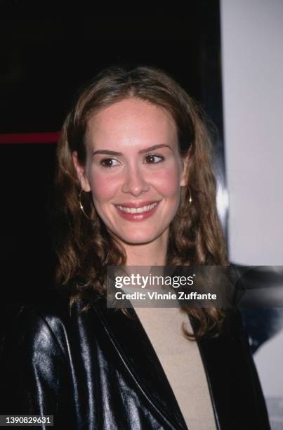 American actress Sarah Paulson, wearing a black leather jacket, attends the Westwood premiere of 'Get Carter,' held at the Bruin Theatre in Los...