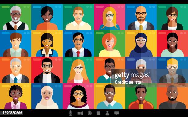 video conference. vector illustration of people with different characteristics. each character is individual. virtual event. - interracial cartoon 幅插畫檔、美工圖案、卡通及圖標