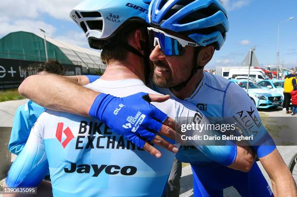 Kaden Groves of Australia and Team Bikeexchange - Jayco celebrates the victory with his teammate Sam Bewley of New Zealand and Team Bikeexchange -...