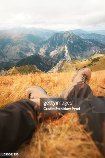 view on mountains through trekking shoes - poland nature stock pictures, royalty-free photos & images