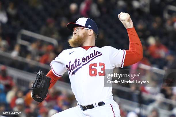 Sean Doolittle of the Washington Nationals pitches during a baseball game against the New York Mets at the Nationals Park on April 8, 2022 in...
