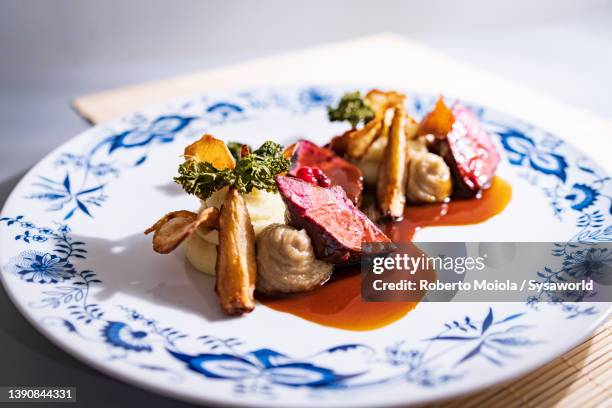 reindeer fillet with roasted potatoes, swedish lapland - mignon stock pictures, royalty-free photos & images