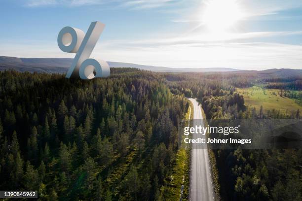 large percent symbol in green landscape - percentage sign stock-fotos und bilder