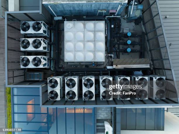 aerial view of roof air conditioning equipment - industrial fan stock pictures, royalty-free photos & images