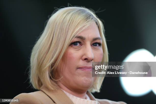 Sky Sports presenter Kelly Cates looks on prior to the Premier League match between Newcastle United and Wolverhampton Wanderers at St. James Park on...