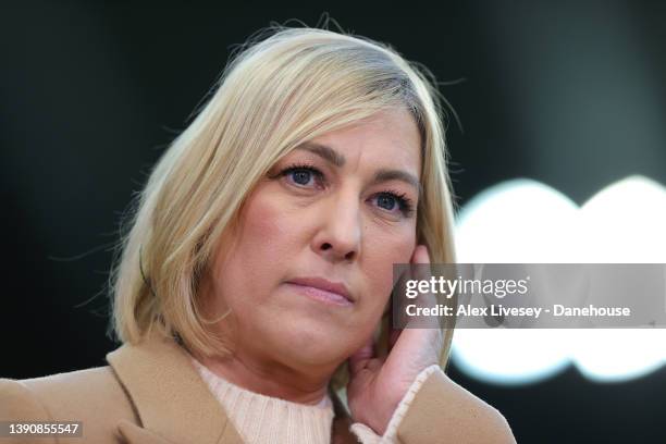 Sky Sports presenter Kelly Cates looks on prior to the Premier League match between Newcastle United and Wolverhampton Wanderers at St. James Park on...