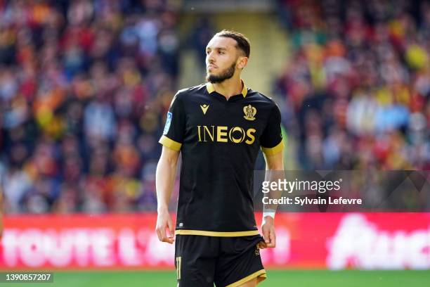Amine Gouiri of OGC Nice in action during the Ligue 1 Uber Eats match between RC Lens and OGC Nice at Stade Bollaert-Delelis on April 10, 2022 in...