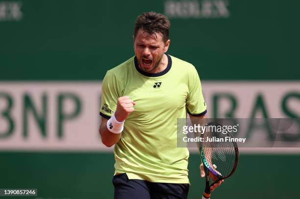 Stan Wawrinka of Switzerland reacts against Alexander Bublik of Kazakhstan during day two of the Rolex Monte-Carlo Masters at Monte-Carlo Country...