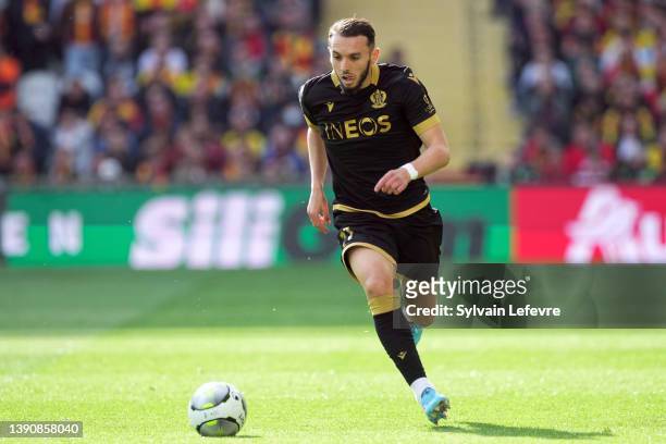Amine Gouiri of OGC Nice in action during the Ligue 1 Uber Eats match between RC Lens and OGC Nice at Stade Bollaert-Delelis on April 10, 2022 in...
