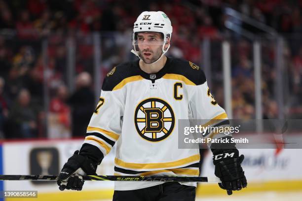 Patrice Bergeron of the Boston Bruins skates against the Washington Capitals during the first period at Capital One Arena on April 10, 2022 in...