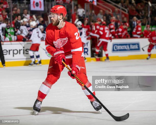 Michael Rasmussen of the Detroit Red Wings follows the play against the Columbus Blue Jackets during the first period of an NHL game at Little...