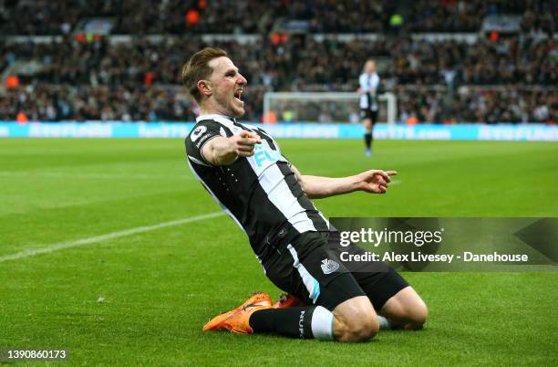 Chris Wood of Newcastle United celebrates after scoring but the goal is subsequently disallowed by VAR during the Premier League match between...