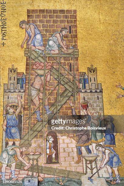 italy, venice, unesco world heritage site, saint mark's basilica, narthex, building of the tower of babel - tower of babel 個照片及圖片檔