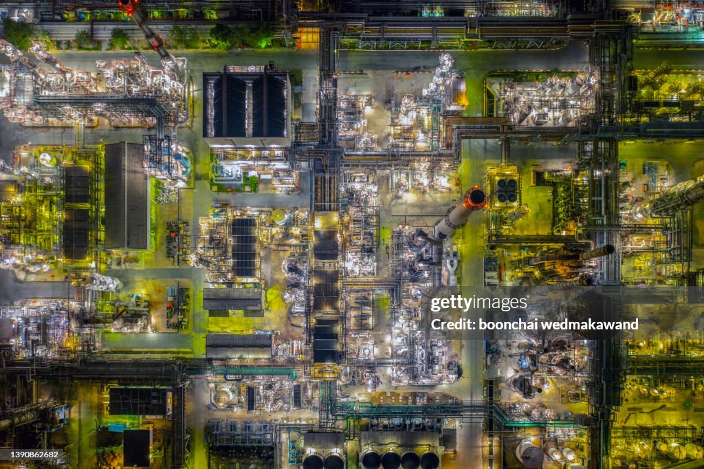 Shot from drone night of oil refinery Thailand.