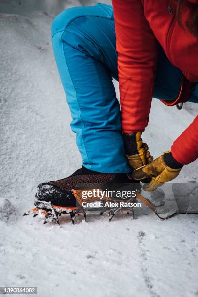 close up of an ice climber putting crampons onto there mountaineering boots - crampon stock pictures, royalty-free photos & images