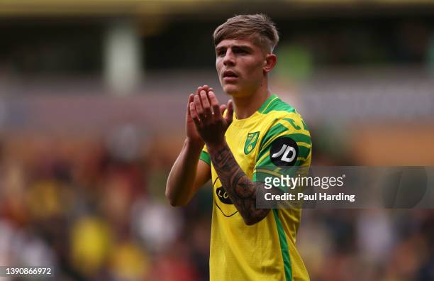 Brandon Williams of Norwich City celebrates after the Premier League match between Norwich City and Burnley at Carrow Road on April 10, 2022 in...