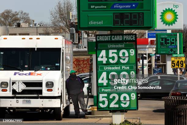 Gasoline prices hover around $4.00 a gallon for the least expensive grade at several gas stations in the nation's capital on April 11, 2022 in...