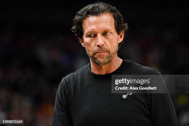 Head coach Quin Snyder of the Utah Jazz looks on during the second half of a game against the Phoenix Suns at Vivint Smart Home Arena on April 08,...