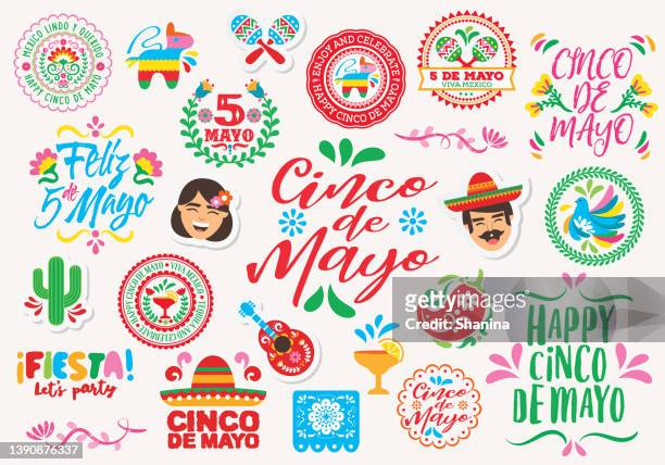 illustrazioni stock, clip art, cartoni animati e icone di tendenza di collezione di etichette e icone cinco de mayo - cultura latino americana