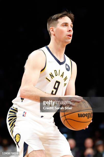 McConnell of the Indiana Pacers dribbles during the second half against the Brooklyn Nets at Barclays Center on April 10, 2022 in the Brooklyn...