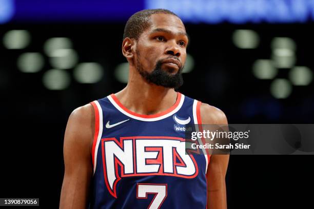 Kevin Durant of the Brooklyn Nets looks on during the second half against the Indiana Pacers at Barclays Center on April 10, 2022 in the Brooklyn...