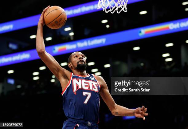 Kevin Durant of the Brooklyn Nets goes to the basket during the first half against the Indiana Pacers at Barclays Center on April 10, 2022 in the...