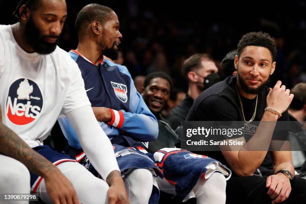 Ben Simmons of the Brooklyn Nets looks on during the first half against the Indiana Pacers at Barclays Center on April 10, 2022 in the Brooklyn...