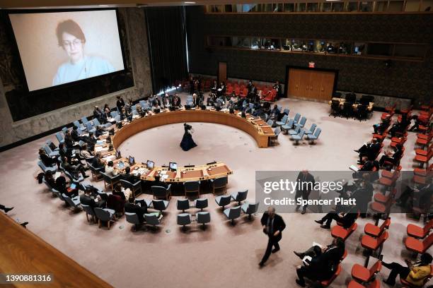 Members of the United Nations Security Council meet to discuss the ongoing situation in Ukraine at United Nations headquarters on April 11, 2022 in...