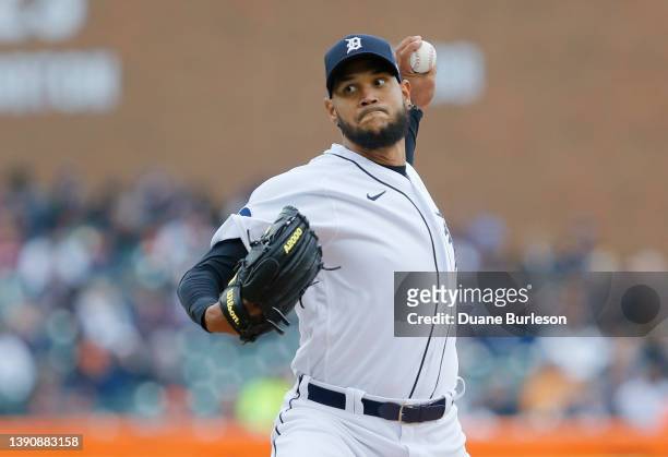 April 8: Eduardo Rodriguez of the Detroit Tigers pitches against the Chicago White Sox during the first inning of Opening Day at Comerica Park on...