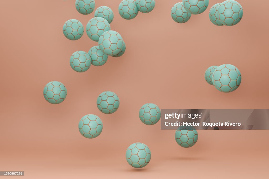 Abstract Many Group of Soccer Ball of green color on orange background, 3d rendering