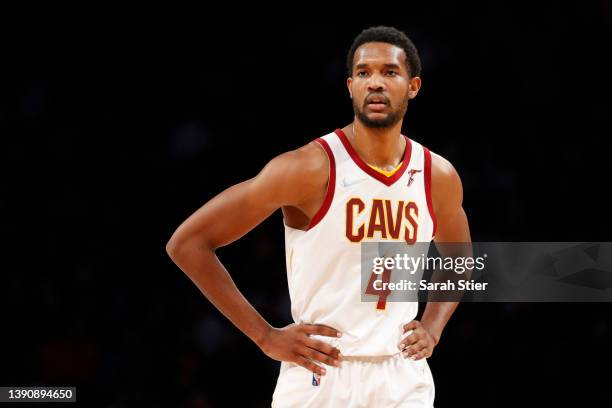 Evan Mobley of the Cleveland Cavaliers looks on during the first half against the Brooklyn Nets at Barclays Center on April 08, 2022 in the Brooklyn...