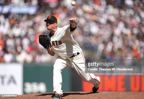 Jake McGee of the San Francisco Giants pitches against the Miami Marlins in the top of the seventh inning at Oracle Park on April 09, 2022 in San...