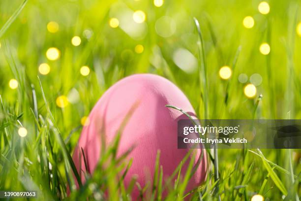 pink easter egg on green grass background.  easter minimal concept. - easter egg imagens e fotografias de stock