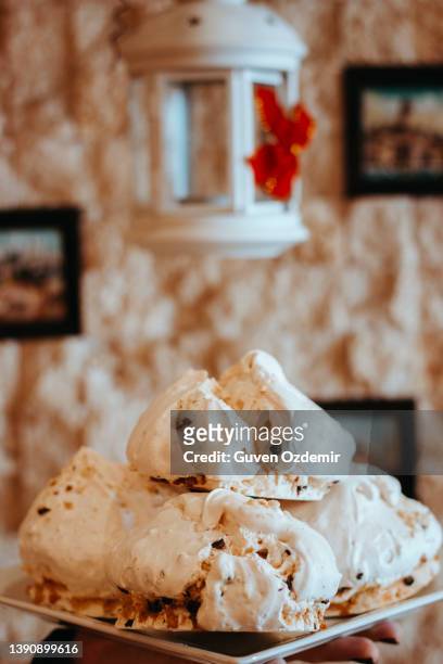 whipped cream meringue, cream cookies, cookies made with whipped cream, white cookies on modern background, variety of milk cookies - almond cookies stock pictures, royalty-free photos & images