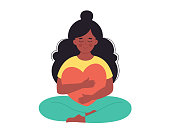 Woman hugging heart. Self love, positive emotion, mental health, freedom, happiness, mental wellbeing. Hand drawn vector illustration