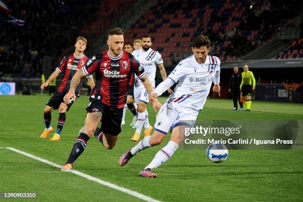 Bartosz Bereszynski of UC Sampdoria competes the ball with Marko Arnautovic of Bologna FC during the Serie A match between Bologna FC v UC Sampdoria...