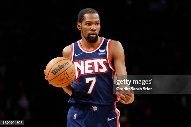 Kevin Durant of the Brooklyn Nets dribbles during the first half against the Houston Rockets at Barclays Center on April 05, 2022 in the Brooklyn...