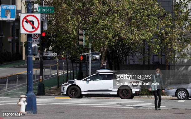 Waymo autonomous vehicle drives along McCallister Street on April 11, 2022 in San Francisco, California. San Francisco is serving as testing grounds...