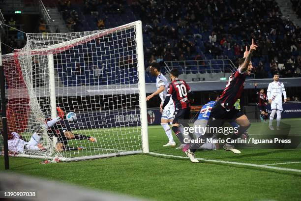 Marko Arnautovic of Bologna FC scores the opening goal during the Serie A match between Bologna FC v UC Sampdoria on April 11, 2022 in Bologna, Italy.