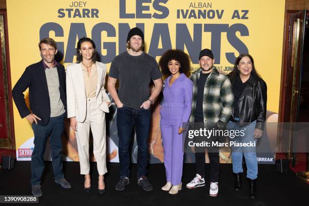 Samuel Debure, Adele Galloy, David Vigroux, Aurelie Konate, Azedine Ben, Yvan Naubron and Loryane Singer attend the "Les Gagnants" premiere at Le...