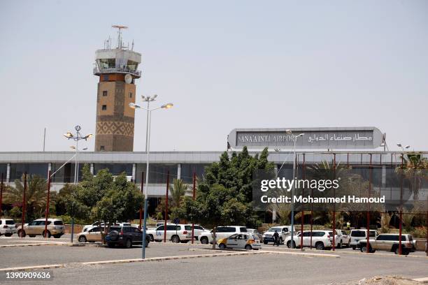 Convey park outside the Sana'a Airport on April 11, 2022 in Sana'a, Yemen. The United Nations Special Envoy for Yemen, Hans Grundberg, has arrived in...