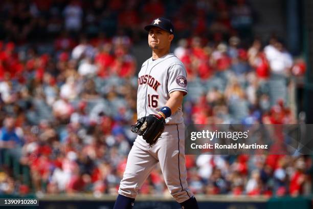 Aledmys Diaz of the Houston Astros at Angel Stadium of Anaheim on April 10, 2022 in Anaheim, California.