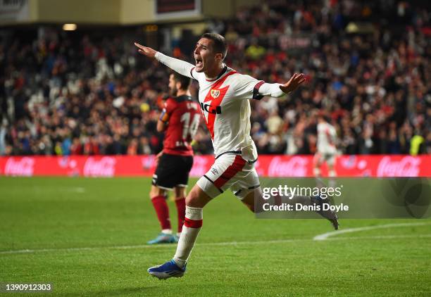Sergi Guardiola of Rayo Vallecano celebeates after scoring their team's first goal during the La Liga Santander match between Rayo Vallecano and...