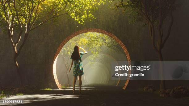 woman standing in front of ancient shrine - tree tunnel stock pictures, royalty-free photos & images