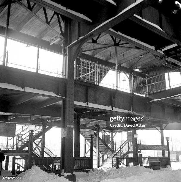 The elevated tracks of the New York City subway in January 1959 in New York City, New York.