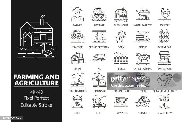 farming and agriculture  line icon set concept - cattle icon stock illustrations