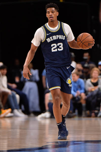 Jarrett Culver of the Memphis Grizzlies brings the ball up court during the game against the Boston Celtics at FedExForum on April 10, 2022 in...